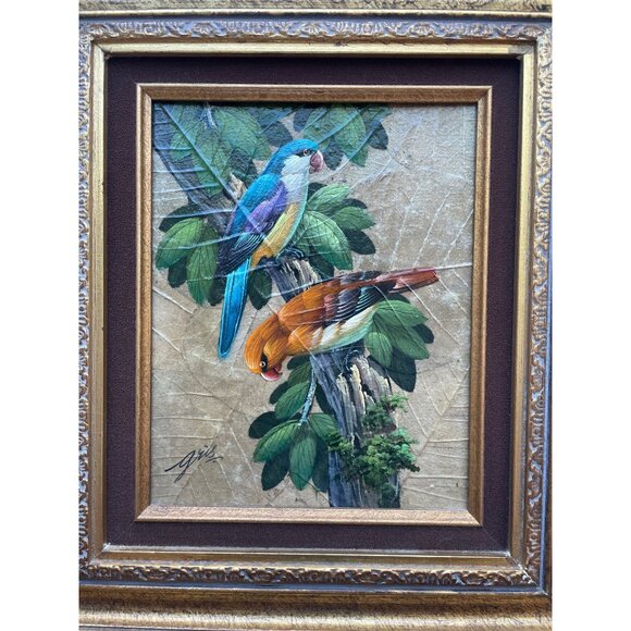 Vintage Gris Painting on Silk Artist Signed Exotic Tropical Birds Thailand Gold - Picture 3 of 7